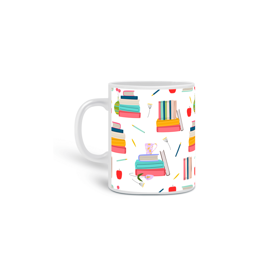 Nome do produto: Caneca de livros com maçãs coloridas.