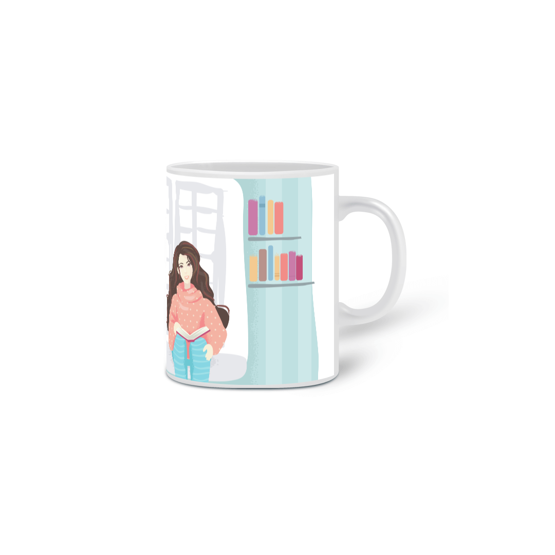 Nome do produto: Caneca Mulher na estante de livros.