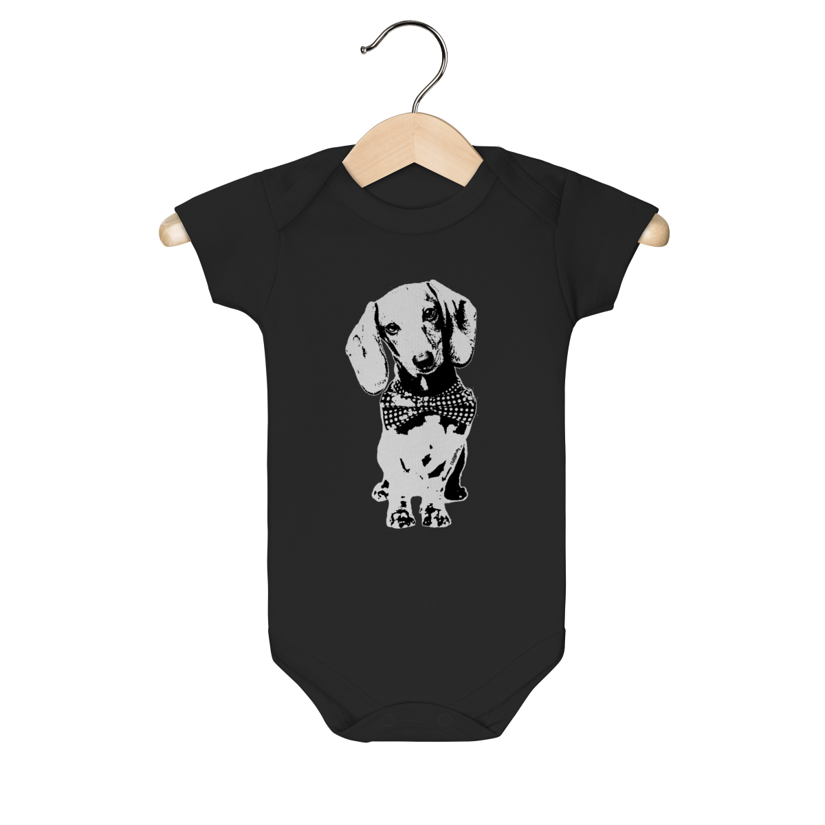 Body Bebê Dachshund de Gravatinha em Preto e Branco