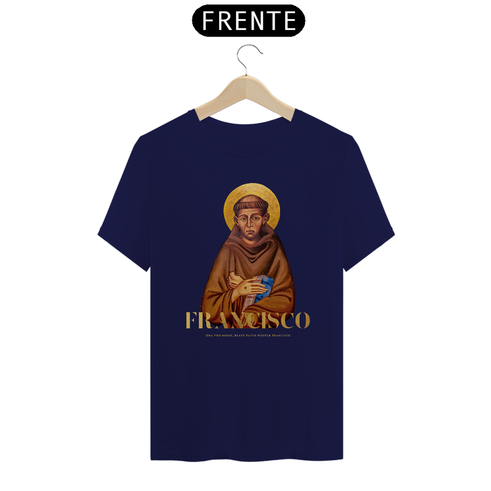 Nome do produto: Camiseta Basic São Francisco de Assis Ora pro nobis, Beate Pater Noster Francisce