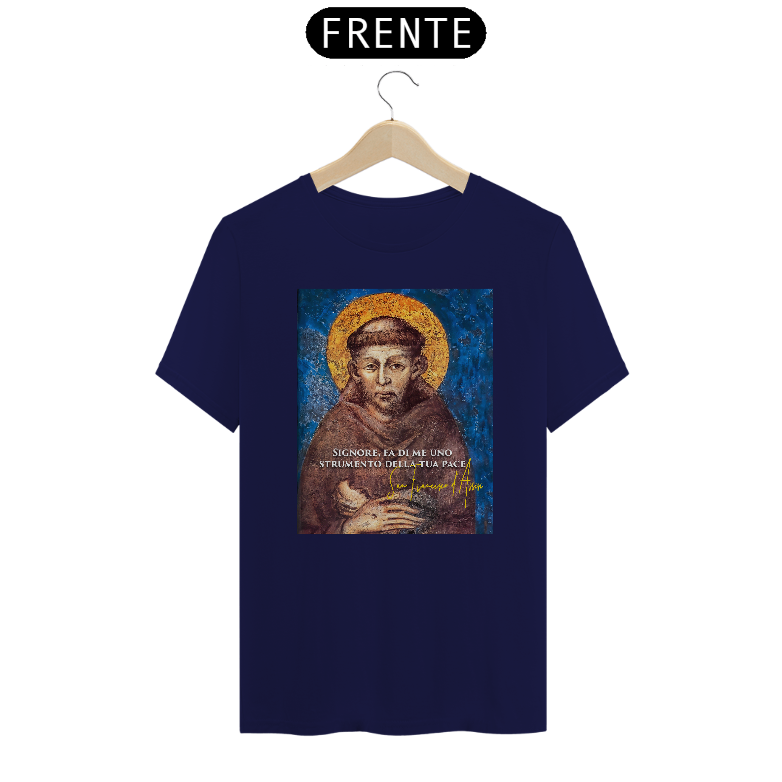 Nome do produto: Camiseta Basic São Francisco de Assis Afresco com frase em Italiano Signore, fa di me uno strumento della tua pace