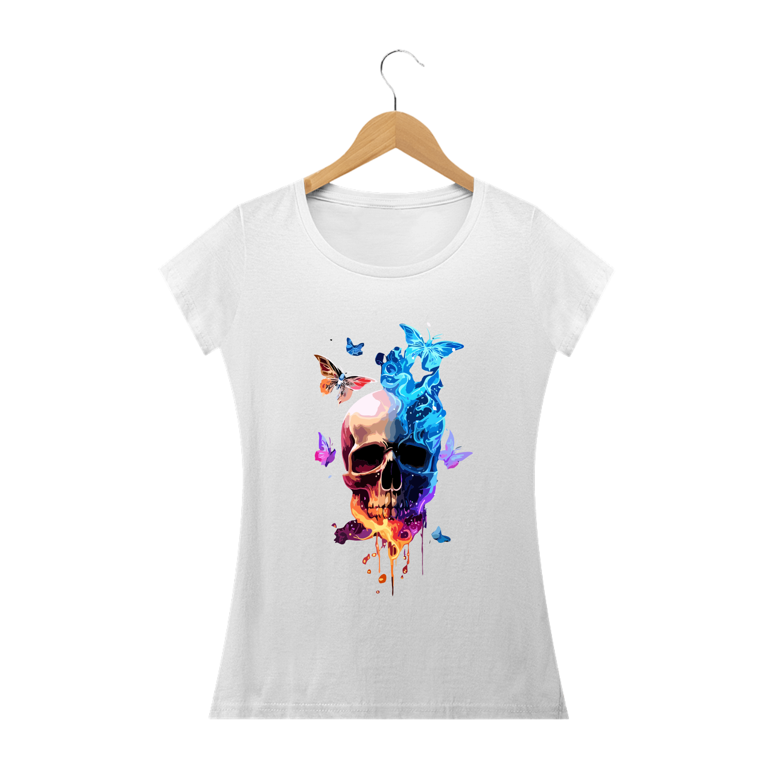 Nome do produto: CAVEIRA BORBOLETAS ÁGUA FOGO - Camiseta Personalizada com Estampa de Caveira