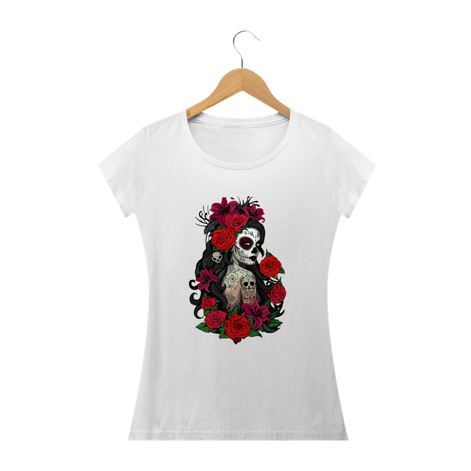 Nome do produto: MEXICANA EM ROSAS - Camiseta Personalizada com Estampa Caveira