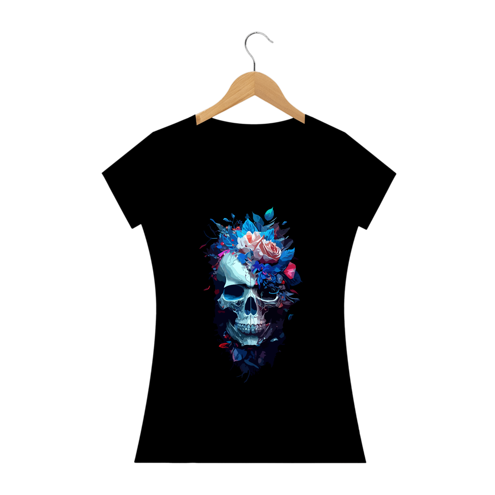 Nome do produto: CAVEIRA FLORES AZUIS - Camiseta Personalizada com Estampa de Caveira.svg