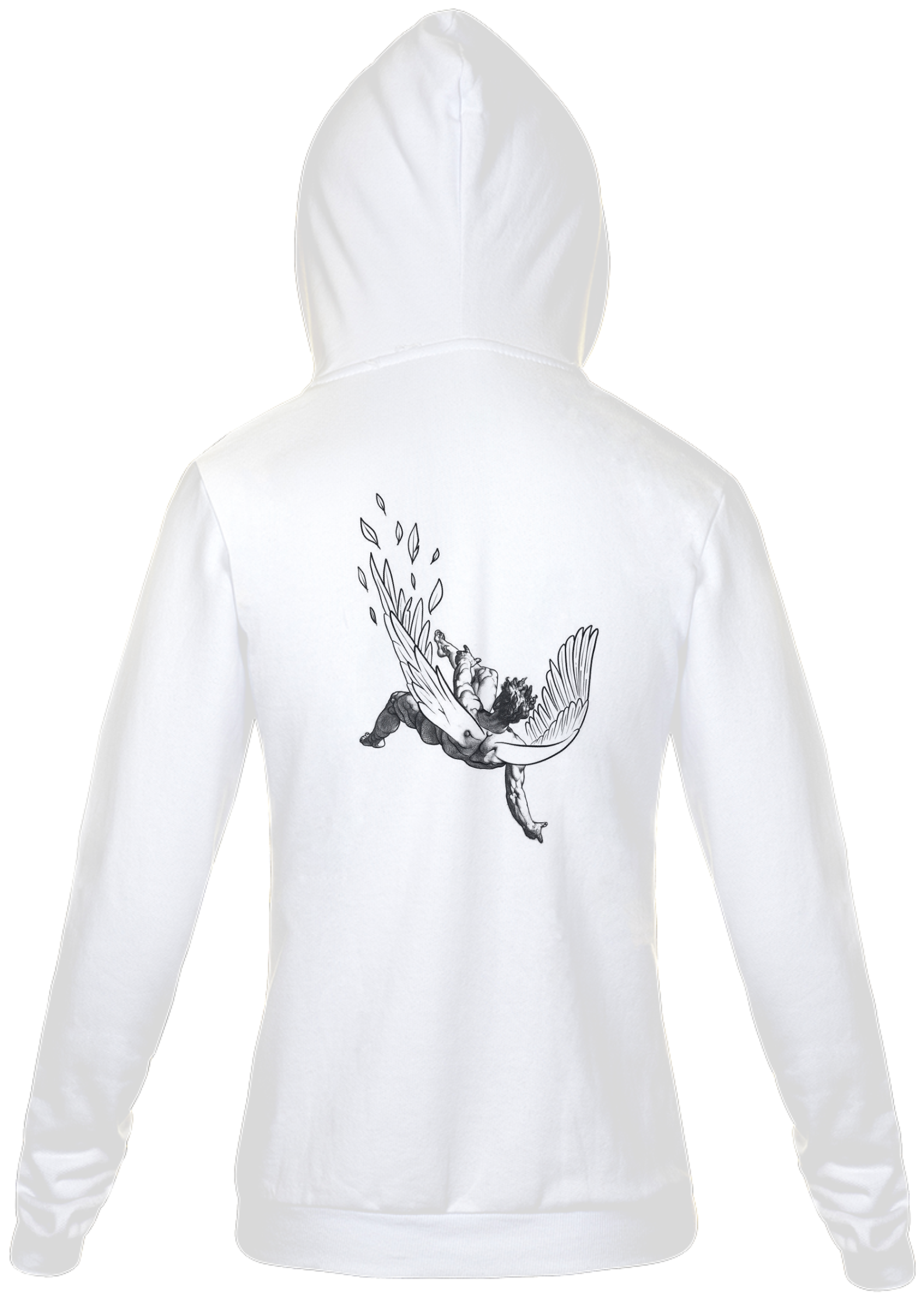 Nome do produto: Moletom Branco Estampado com Zíper e Capuz (Anjo Caído)