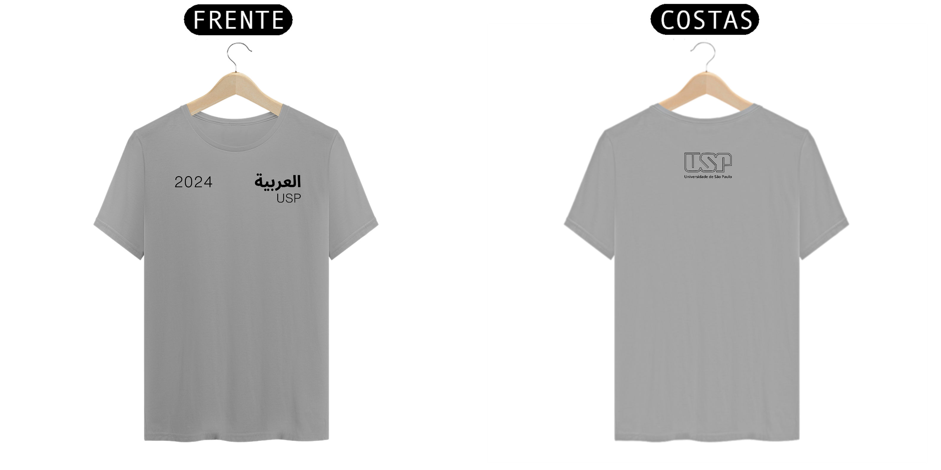 Nome do produto: Camiseta Letras USP 2024 Árabe Modelo 1 com Logo nas Costas Cores Branca Amarela Cinza
