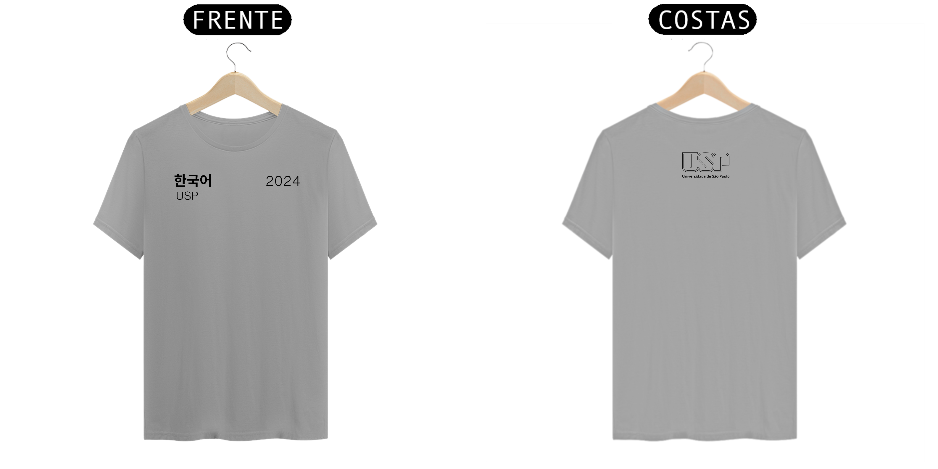 Nome do produto: Camiseta Letras USP 2024 Coreano Modelo 1 com Logo nas Costas Cores Branca Amarela Cinza