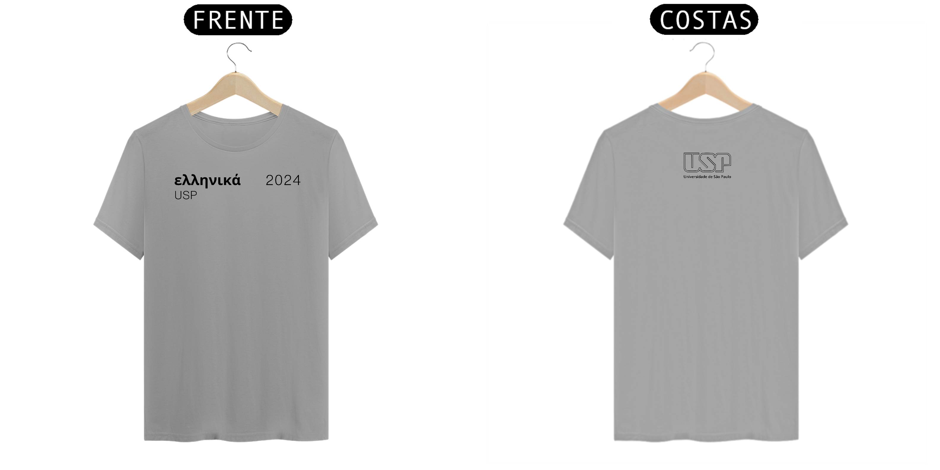 Nome do produto: Camiseta Letras USP 2024 Grego Modelo 1 com Logo nas Costas Cores Branca Amarela Cinza