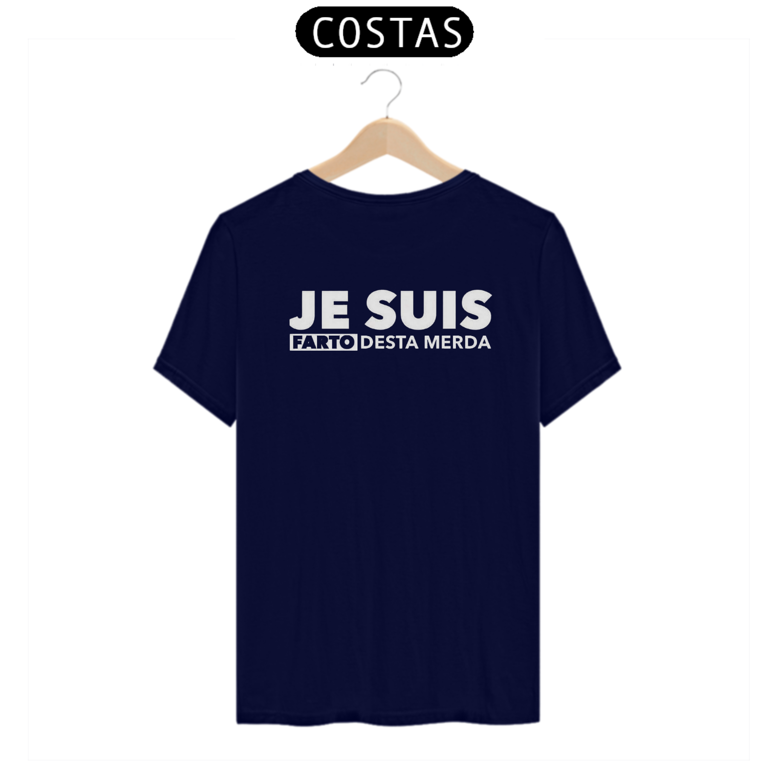 Nome do produto: CAMISETA MASCULINA COM ESTAMPA NAS COSTAS - JE SUIS FARTO