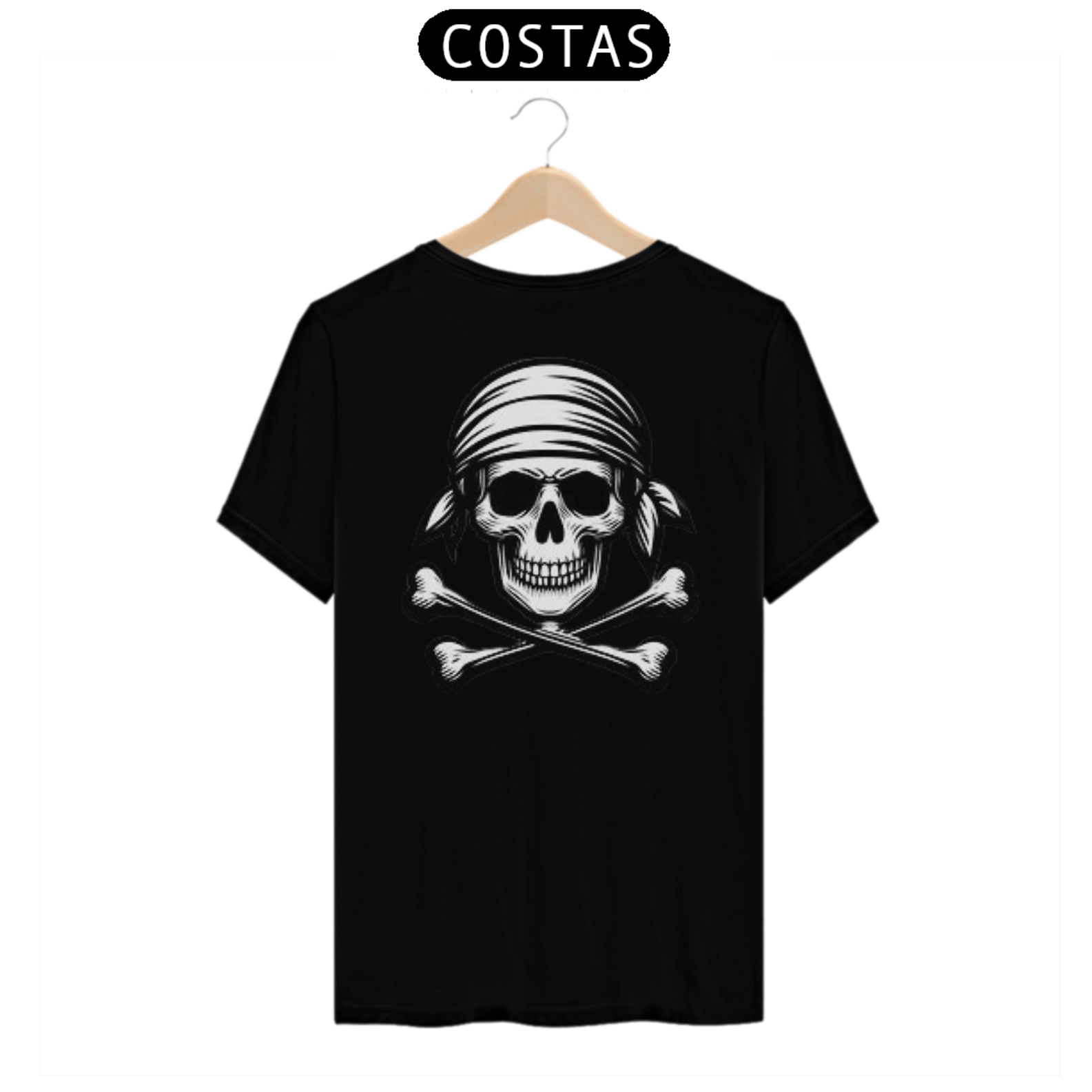 Nome do produto: CAMISETA MASCULINA ESTAMPA CAVEIRA PIRATA COM BANDANA