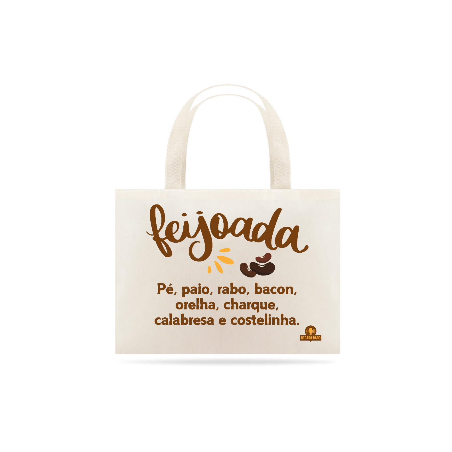 Nome do produto: Ecobag com Ingredientes da feijoada, descrevendo os principais ingredientes de uma deliciosa feijoada.