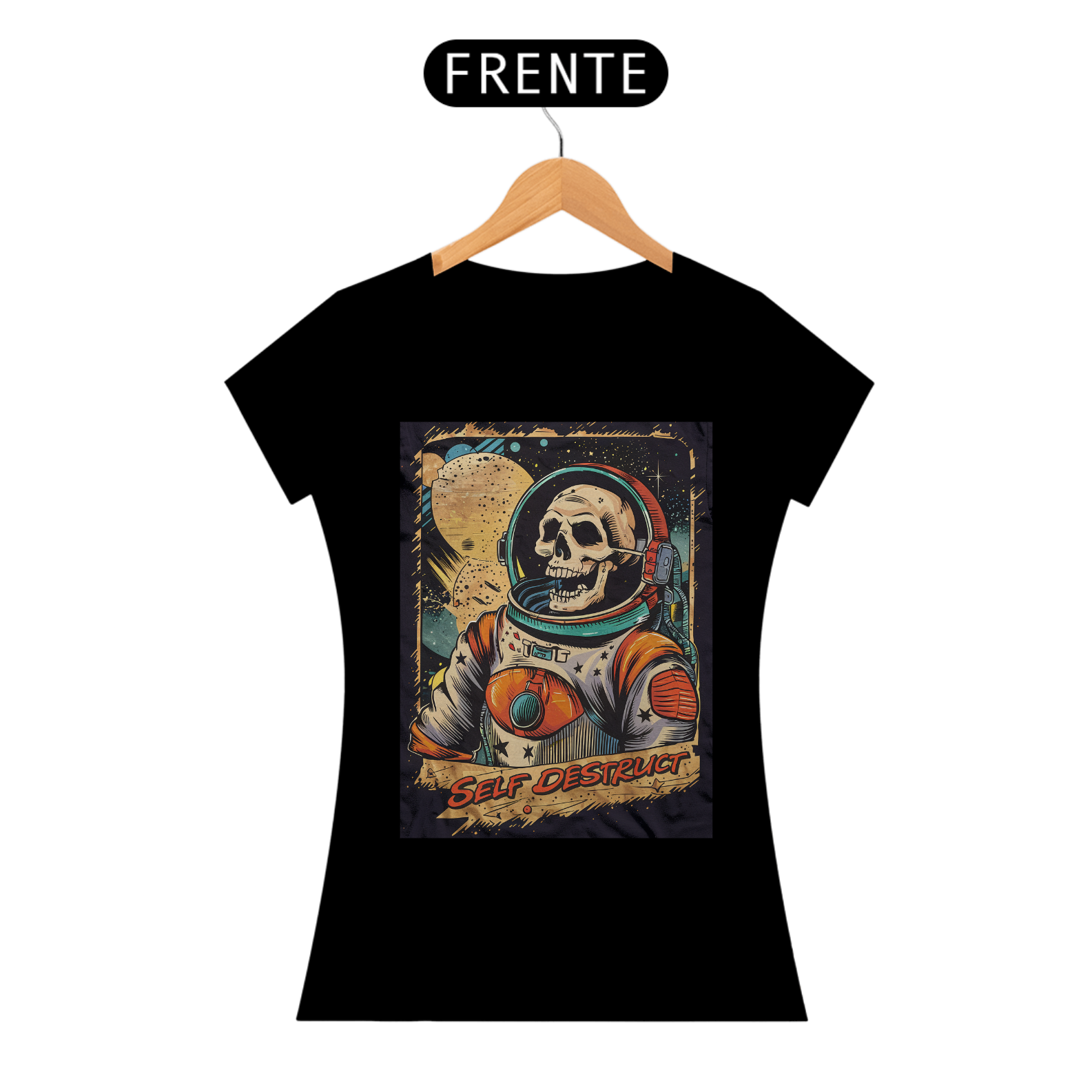 Nome do produto: Camiseta Caveira Espaço Feminina