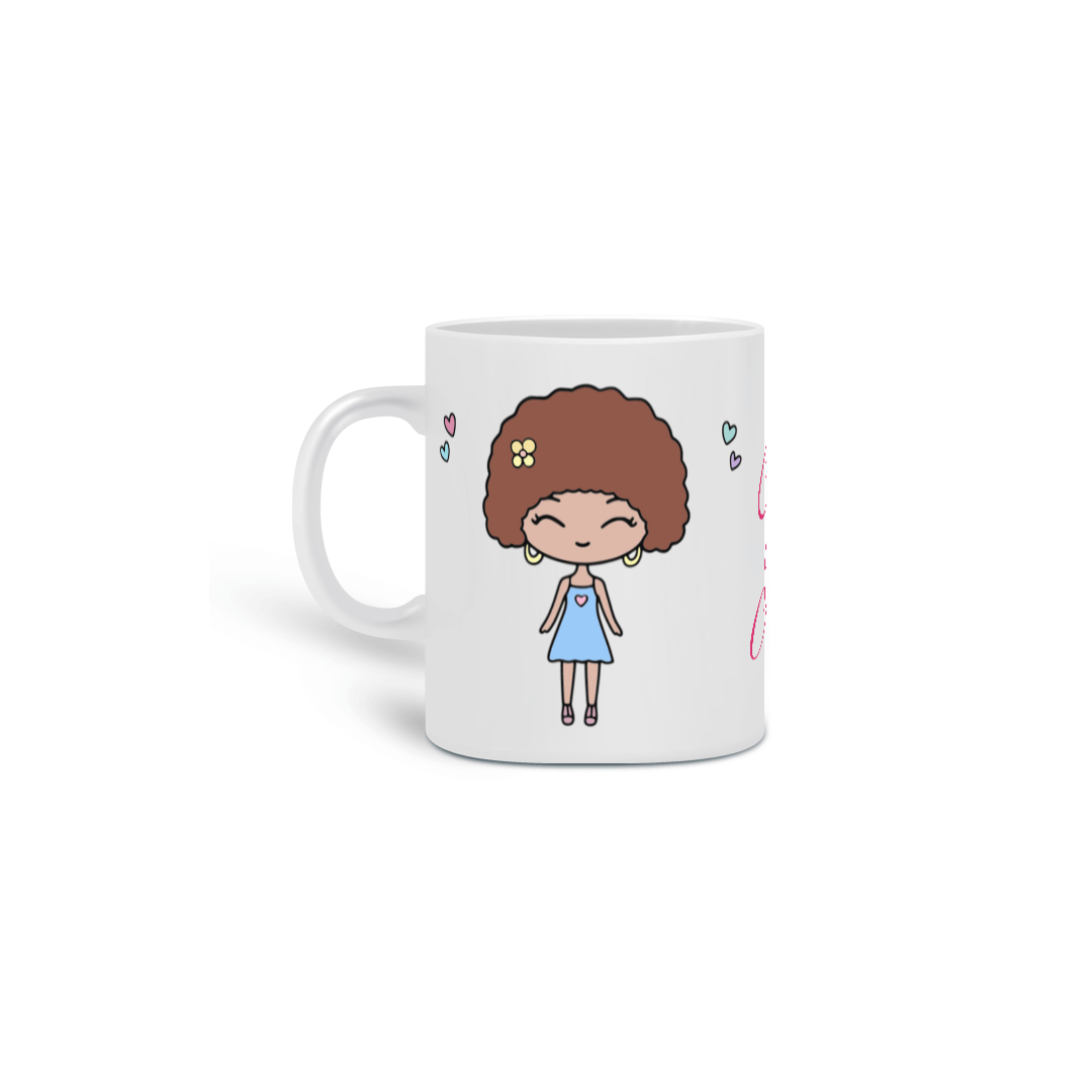Nome do produto: Caneca Fofa para meninas com estampa de bonequinha e frase: Café com Amor!