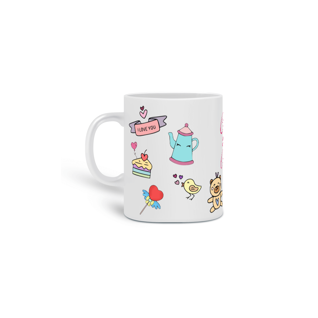 Nome do produto: Caneca fofa para meninas, com desenhos fofos, e frase: Café com amor!