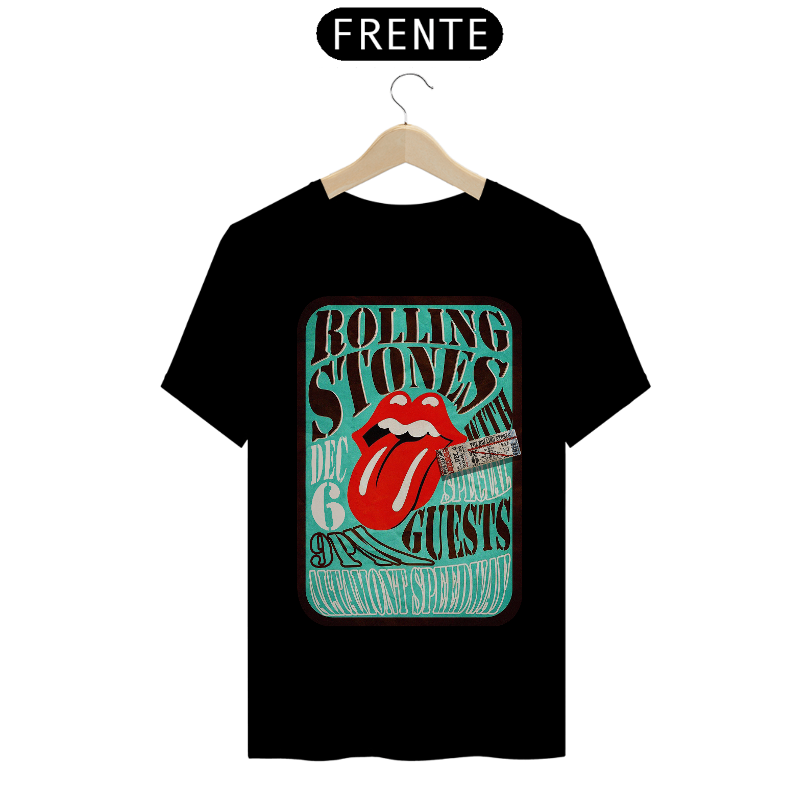 Nome do produto: Camiseta do polêmico show dos Rolling Stones de 1969 no violento festival em Altamont com seu ingresso original - ANTES DE COMPRAR VEJA TABELA DE MEDIDAS ABAIXO DO BOTÃO COMPRAR, POIS TROCA POR ERRO DE TAMANHO É DE RESPONSABILIDADE SUA E GERA CUSTO P