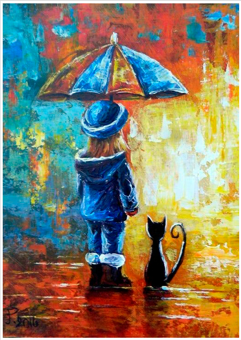 Nome do produto: Poster  impressão em Canvas -Menina guarda chuva e gato