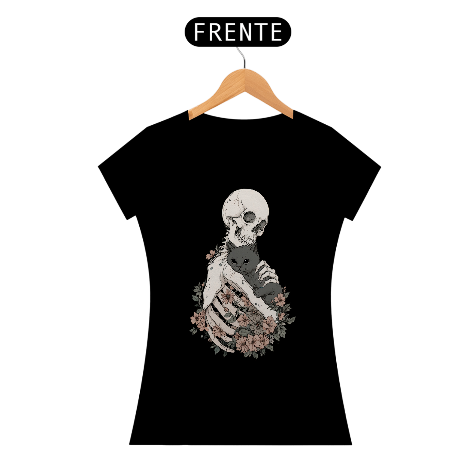 Nome do produto: Camiseta baby look de caveira - Skull, Cats and Flowers - BLSCF24