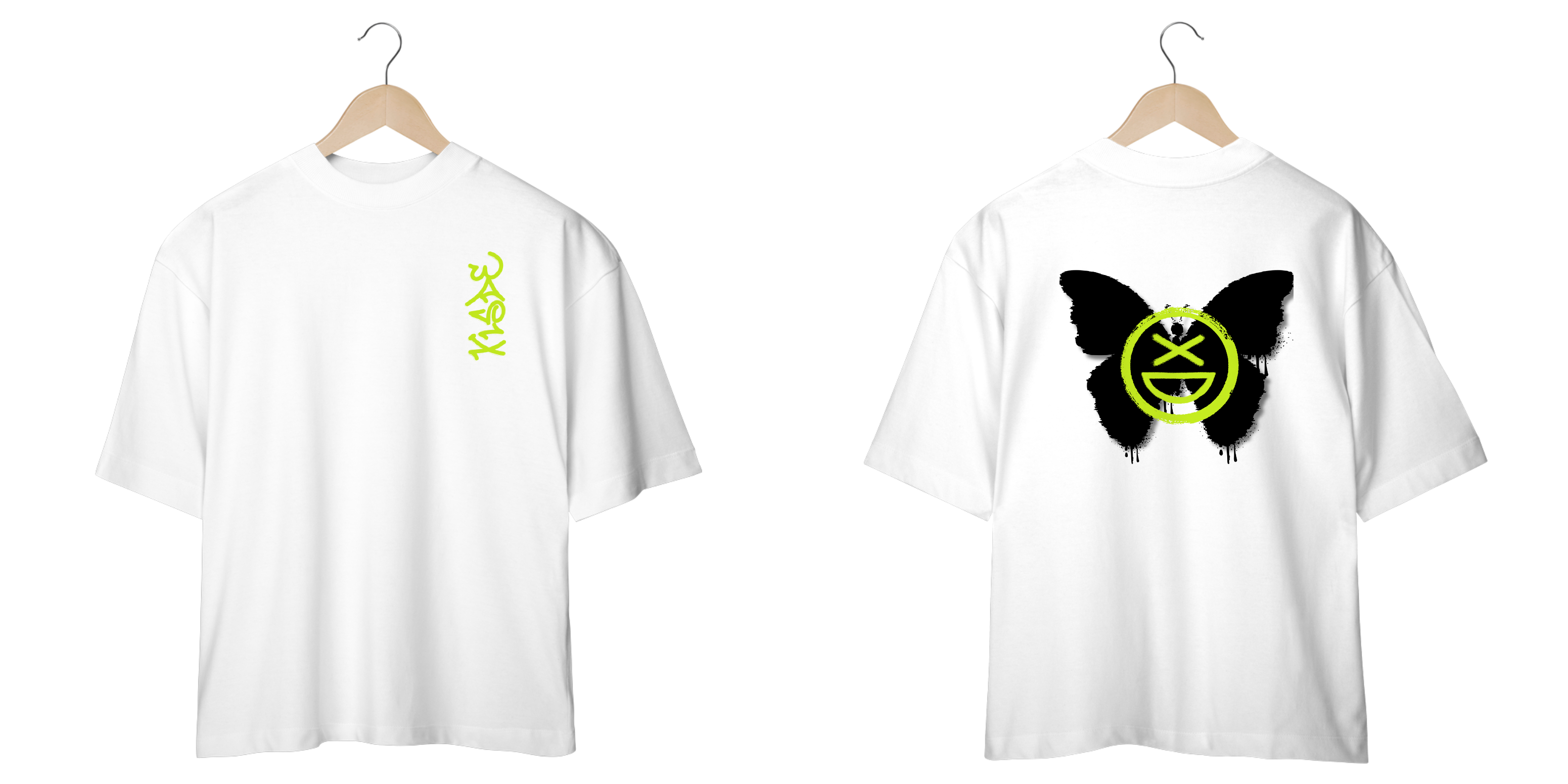 Nome do produto: Camiseta Oversize Xisde com Estampa Lateral Grafite, Texto Neon e Logo Borboleta