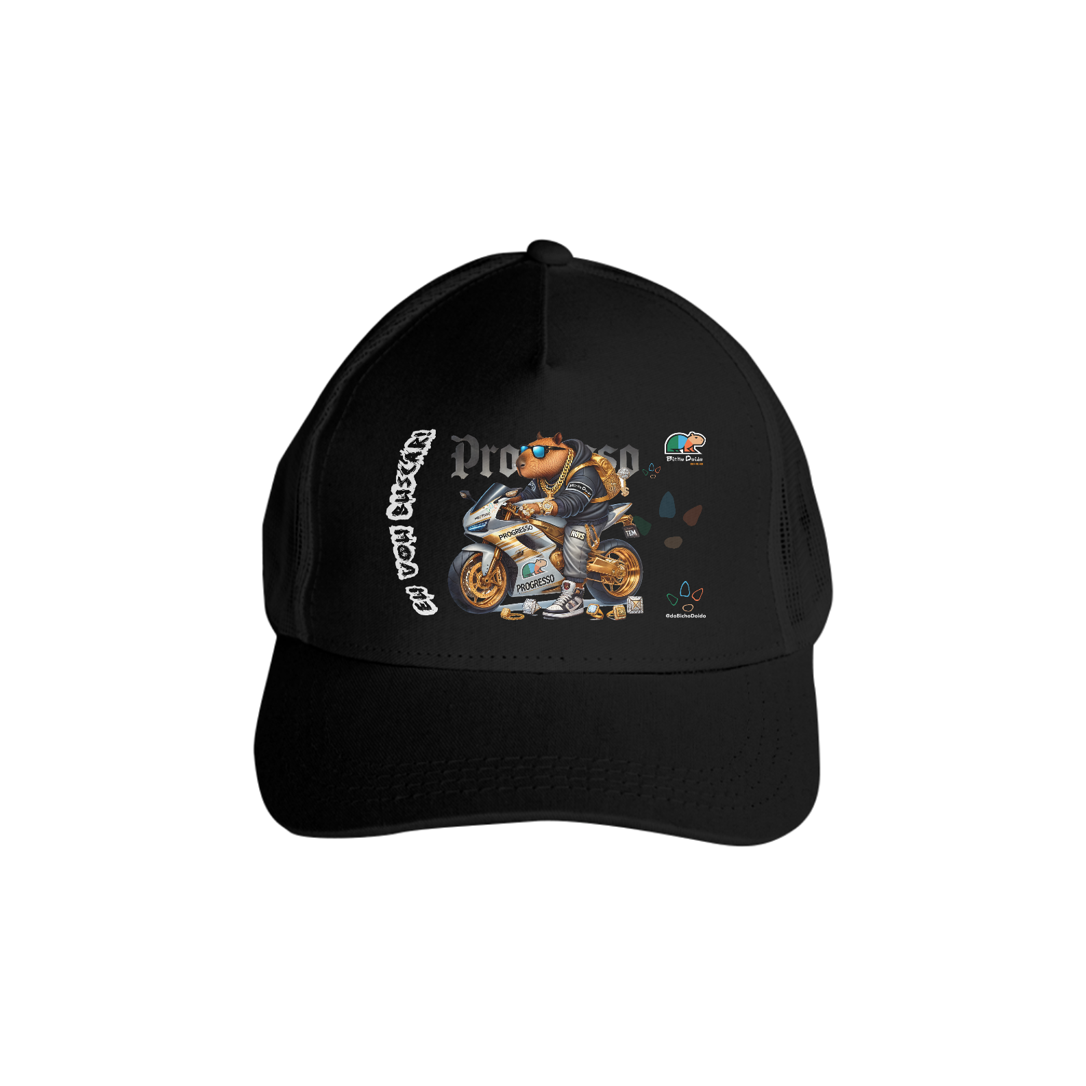 Nome do produto: Boné Americano com tela, Eu vou buscar, De foguetão prateado, Bicho Doido