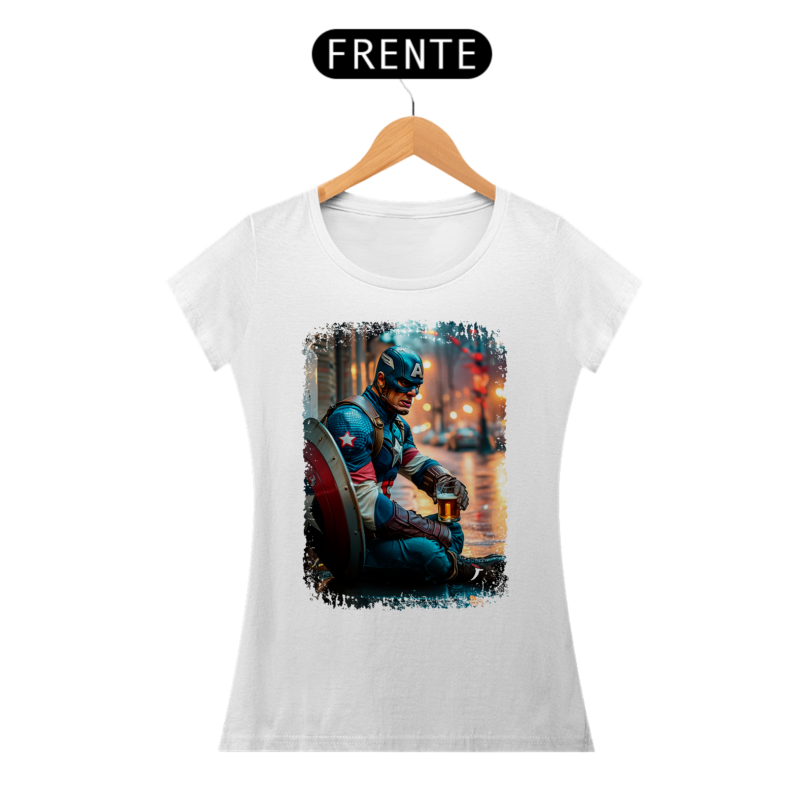 Baby Look Capitão América Bebendo Cerveja - Modelo 1