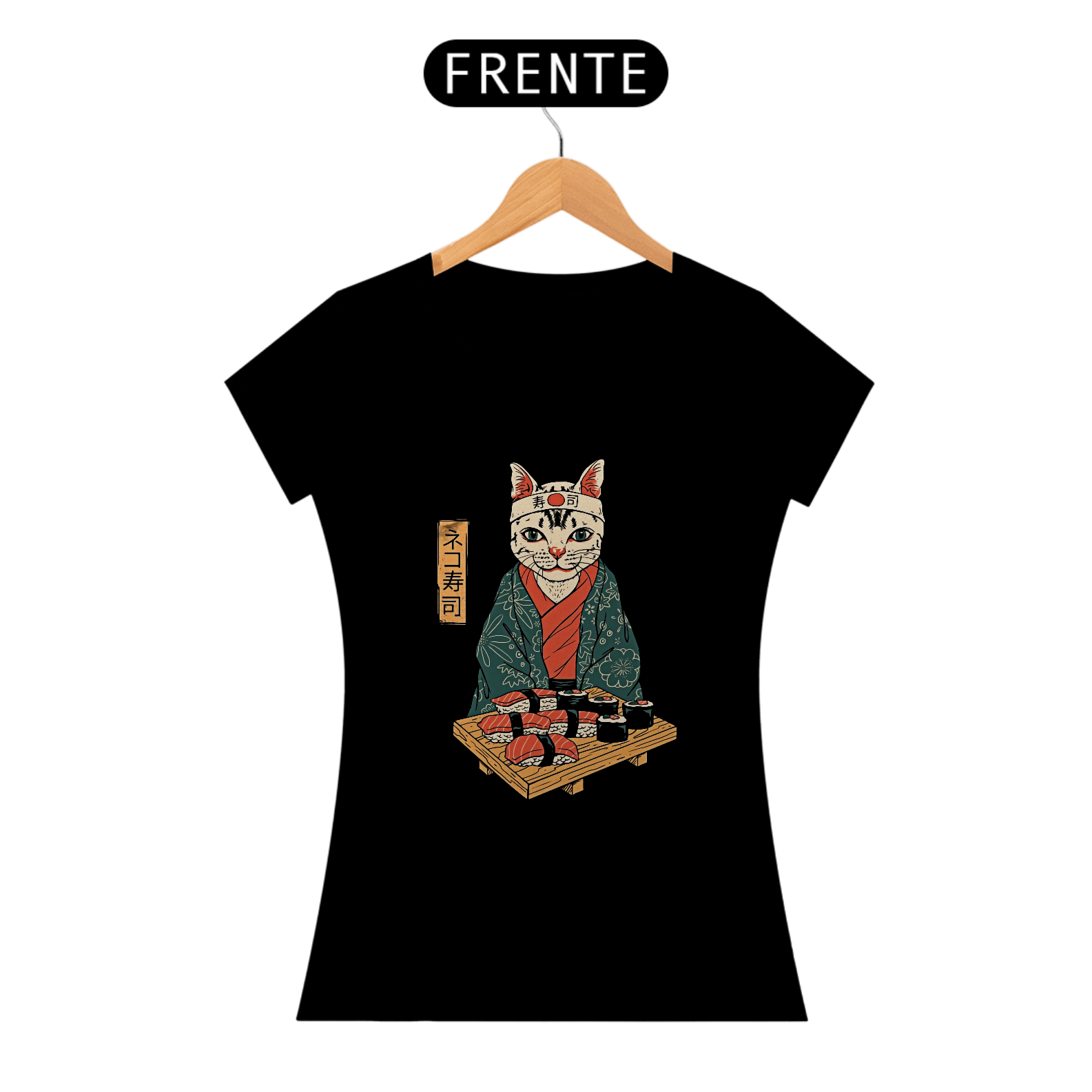 Camiseta Feminina Gato Sushi Estampa Japonesa 