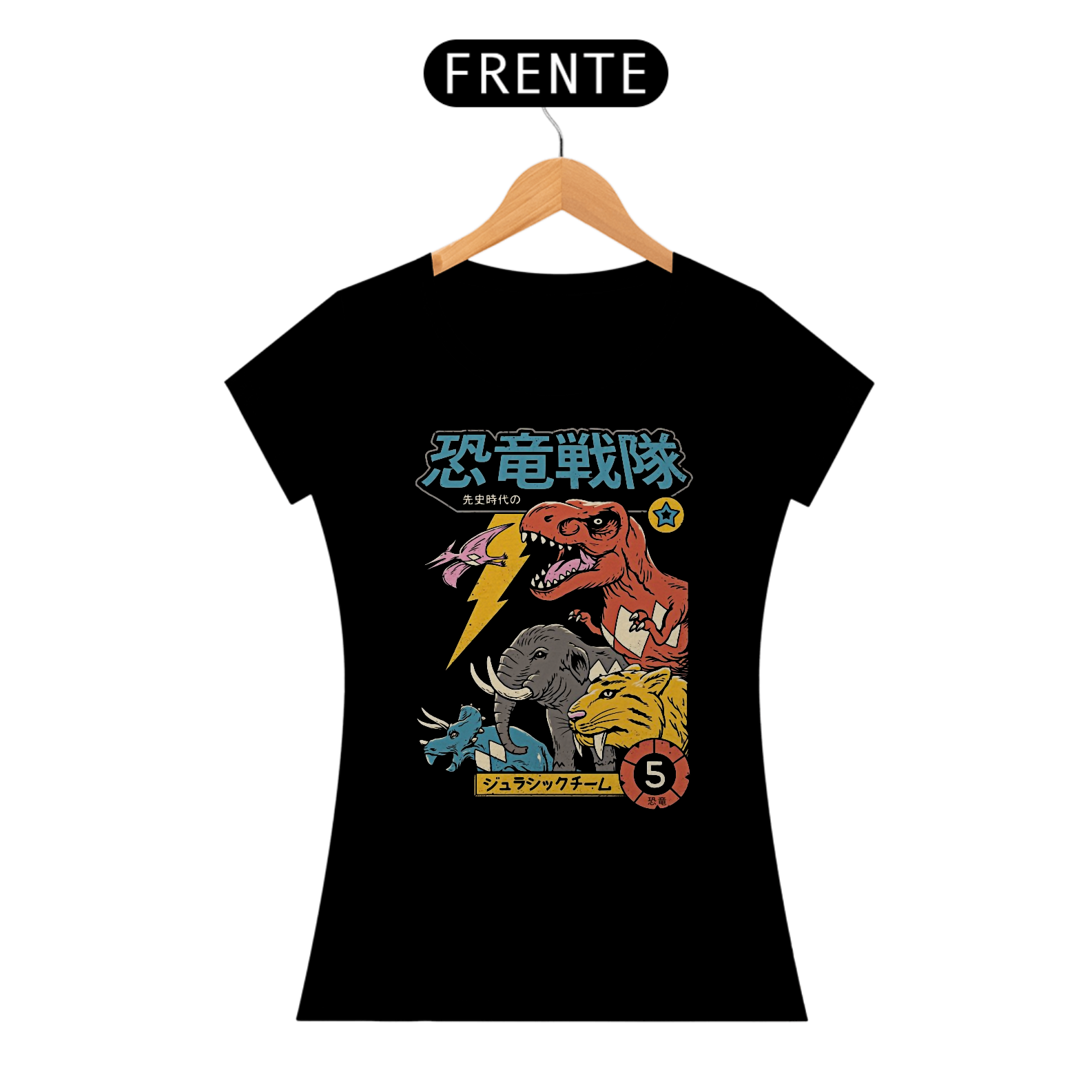 Camiseta Feminina Esquadrão Jurássico Dino Rangers Estampa Japonesa 