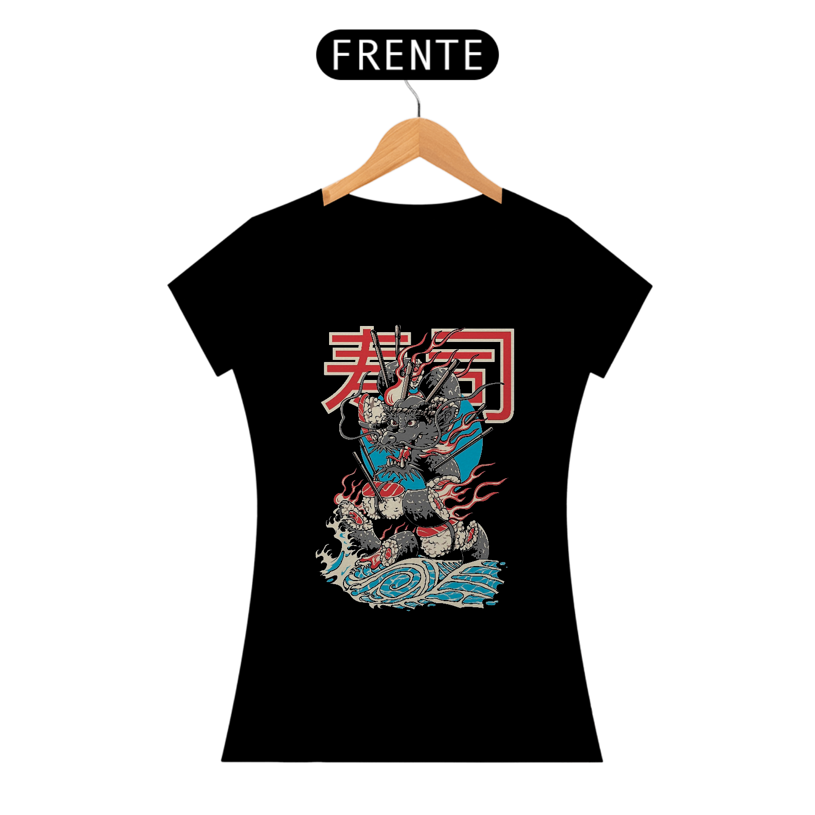 Camiseta Feminina Dragão Sushi Estampa Japonesa 