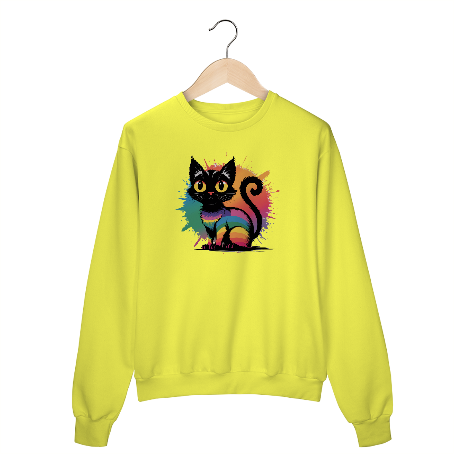 Nome do produto: Moletom Fechado Estampa Gato Preto Arco-íris 