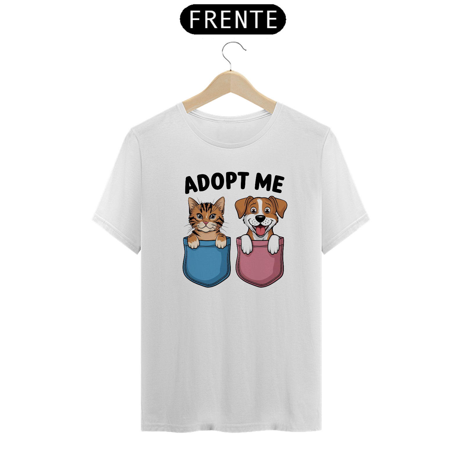 Nome do produto: T-Shirt Classic Estampa Cao e Gato com Frase Adote Me