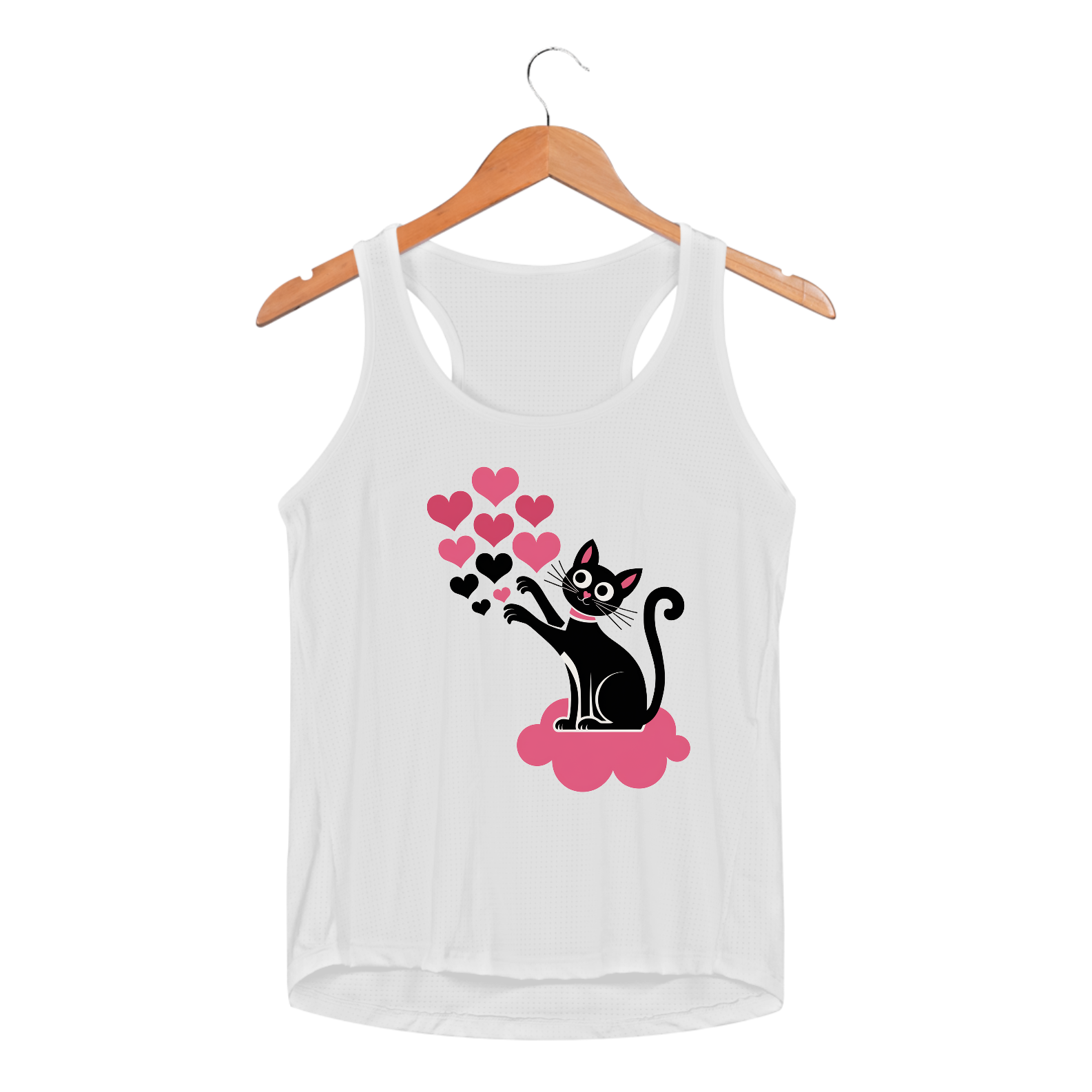 Nome do produto: Regata Feminina Sport Dry UV estampa de um Gato Preto e coracoes