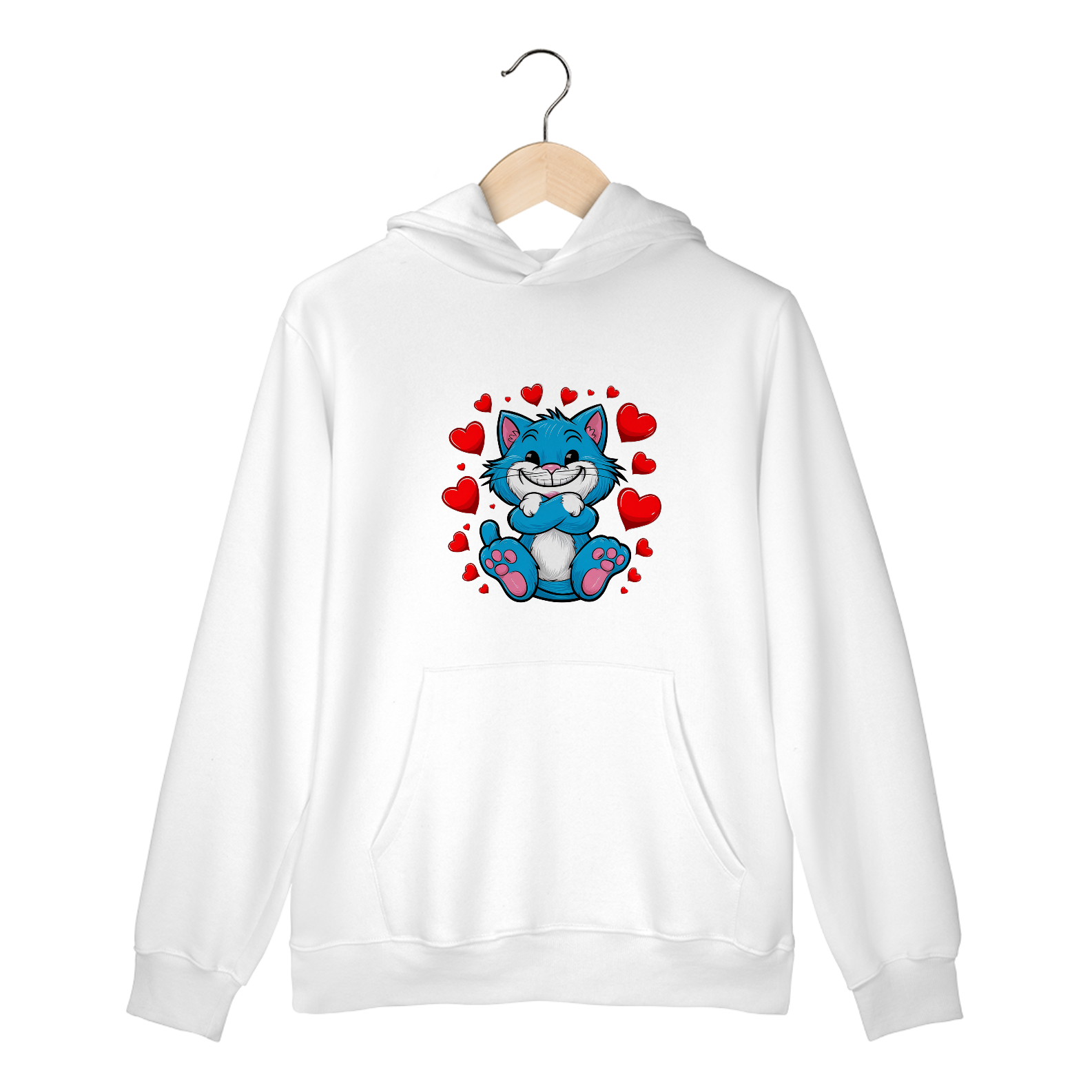 Nome do produto: Moletom Canguru com Bolso e Capuz Estampa adorável Gato Azul corações