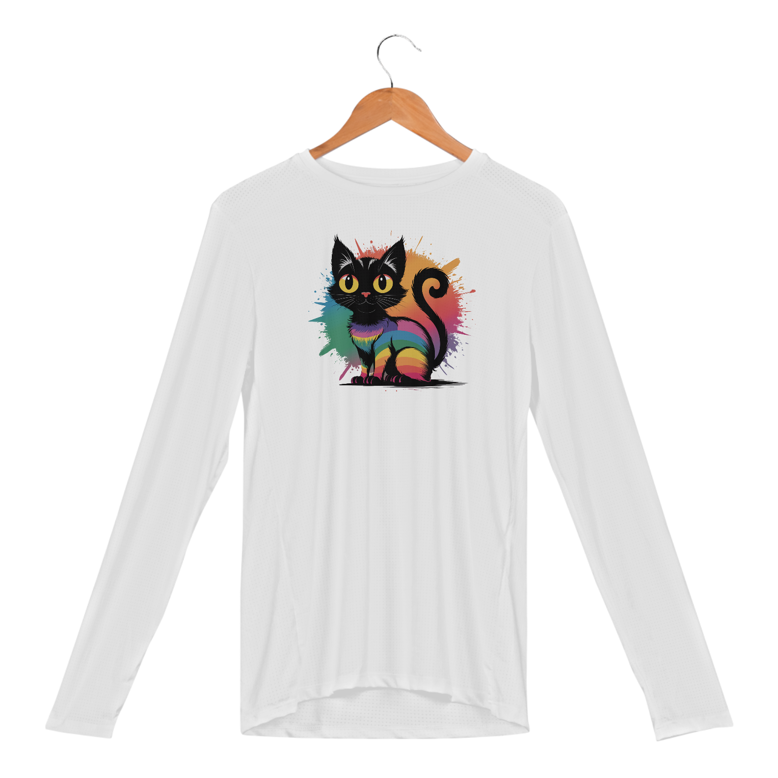 Nome do produto: Camisa Manga Longa Sport Dry UV Estampa Gato Preto Arco-íris