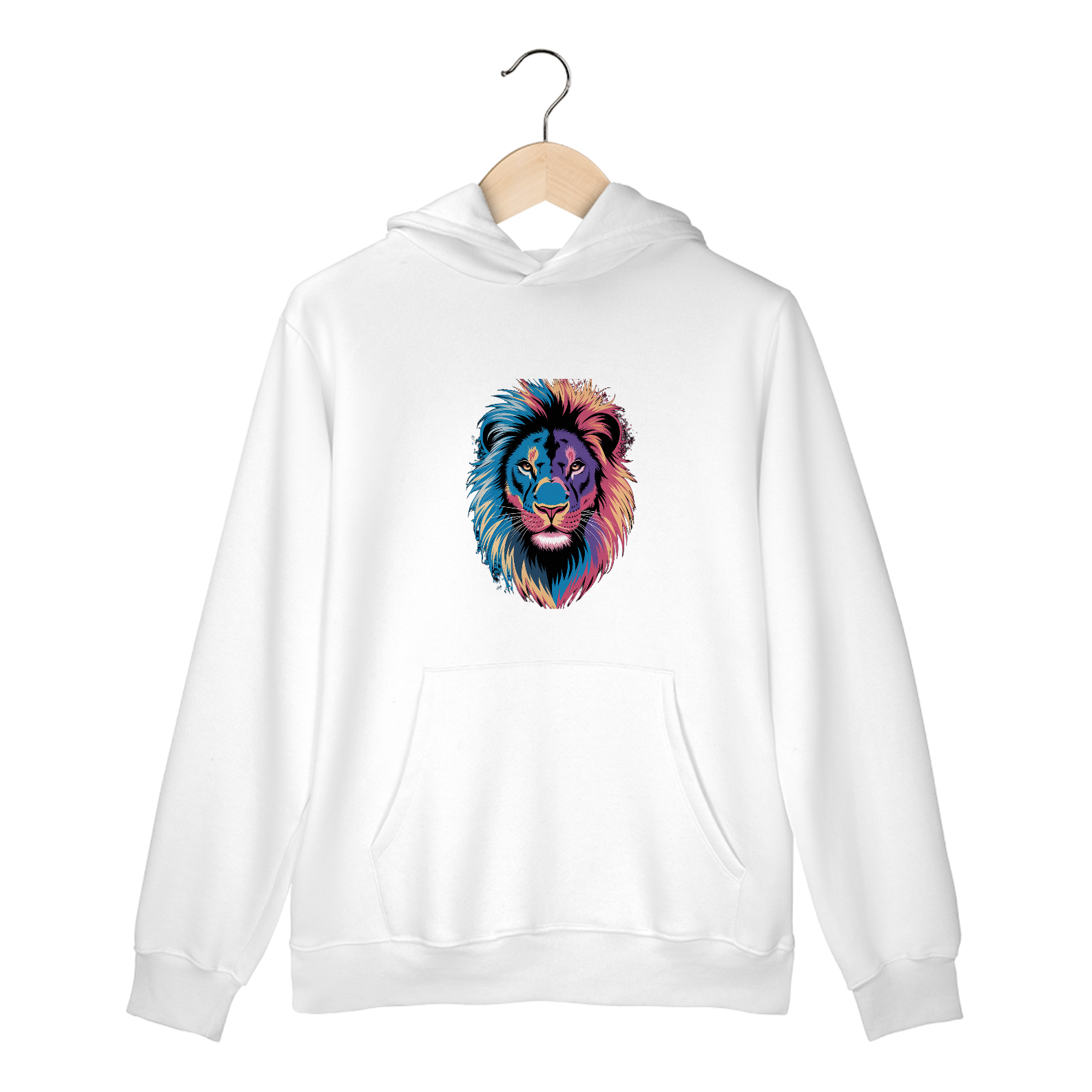 Nome do produto: Moletom Canguru com Bolso e Capuz Estampa Leão Colorido