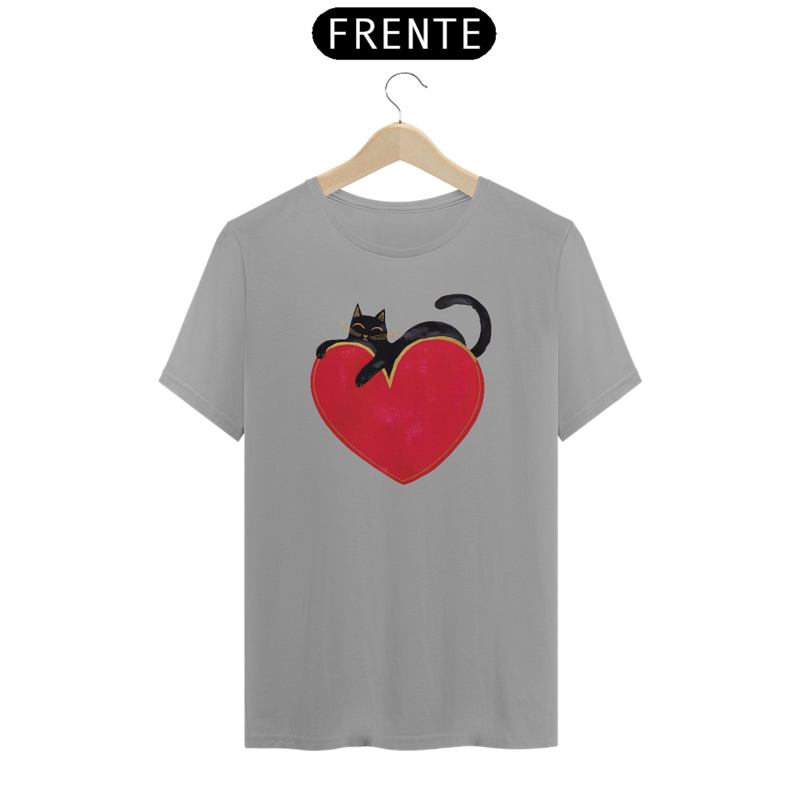 Nome do produto: T-Shirt Quality Estampa Gato Preto sobre Coração 