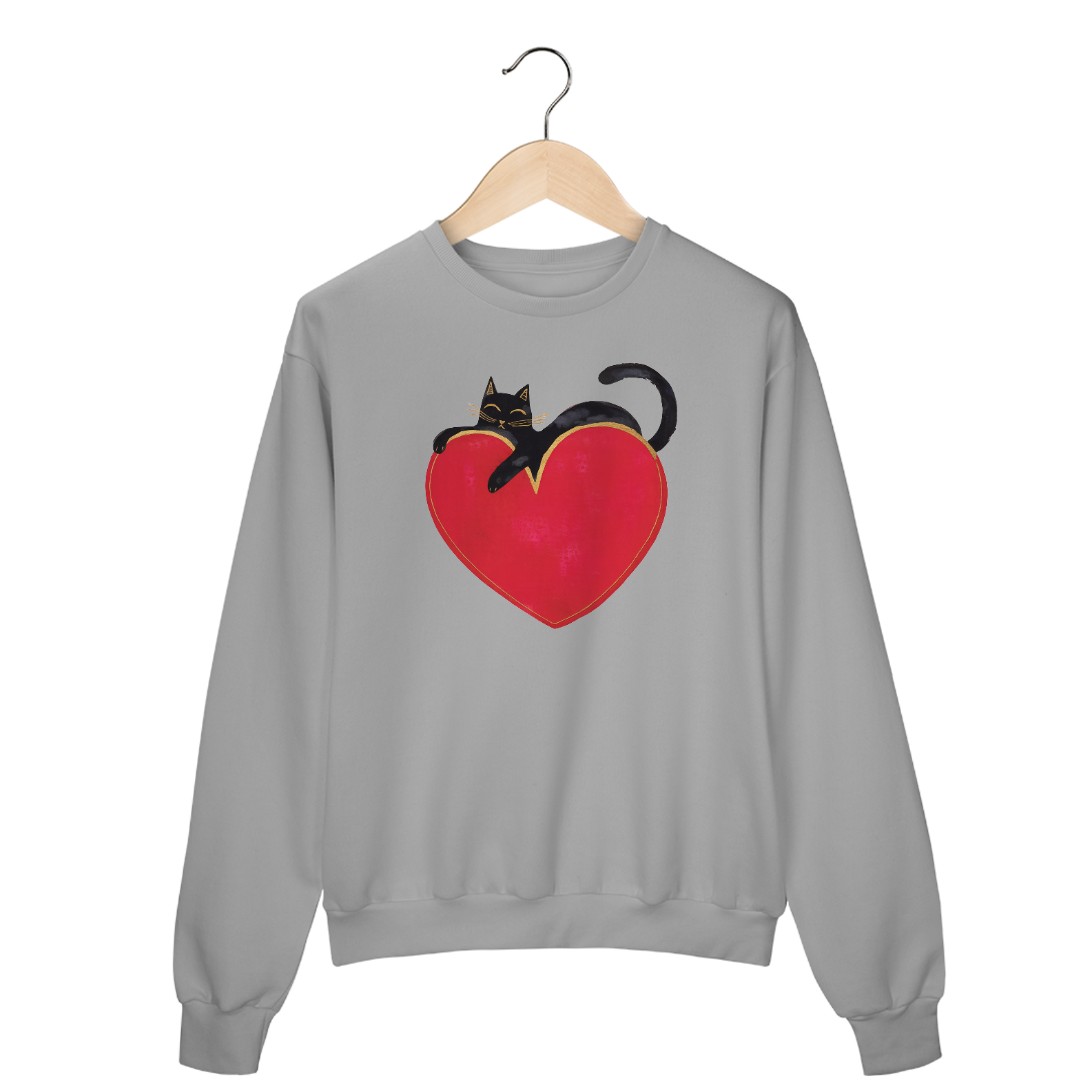 Nome do produto: Moletom Fechado Estampa Gato Preto sobre Coracao