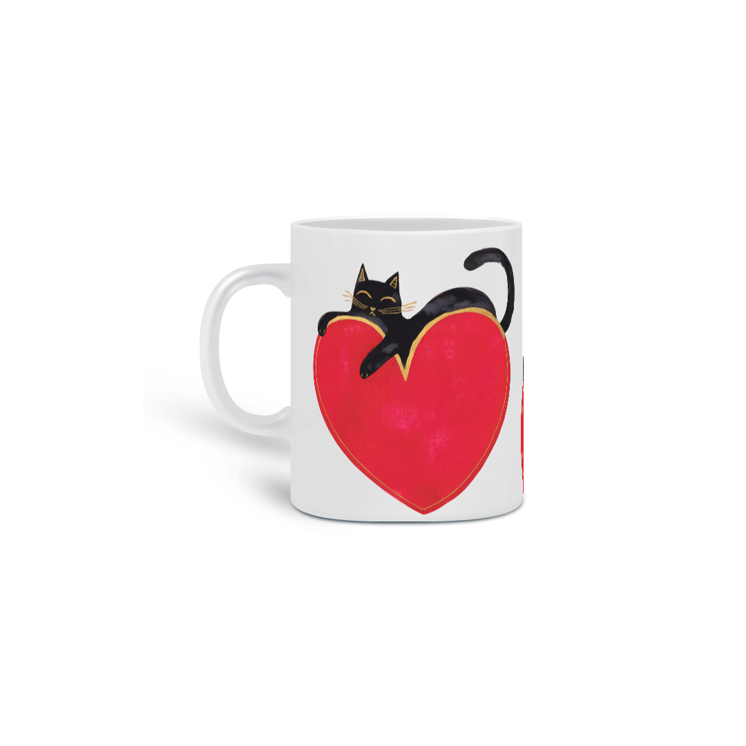 Nome do produto: Caneca Estampa Gato Preto Coração 