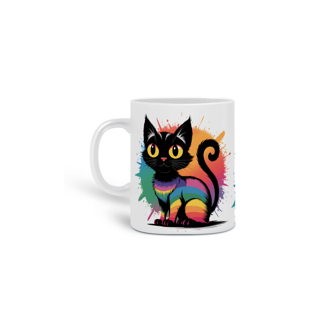 Nome do produto: Caneca Cerâmica Branca Estampa Gato Preto Arco-íris 