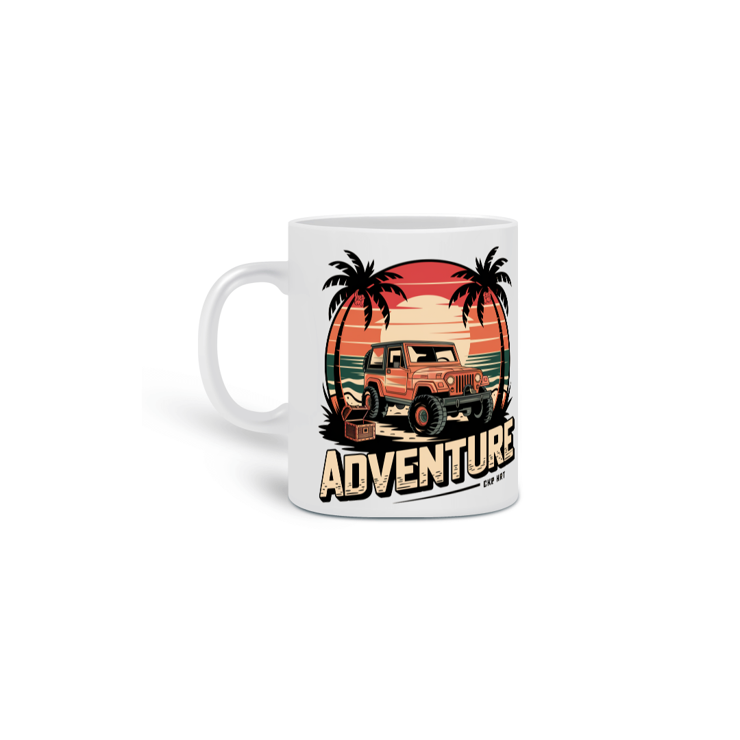 Nome do produto: Caneca Cerâmica Branca Estampa Aventura Jipe Praia Sol