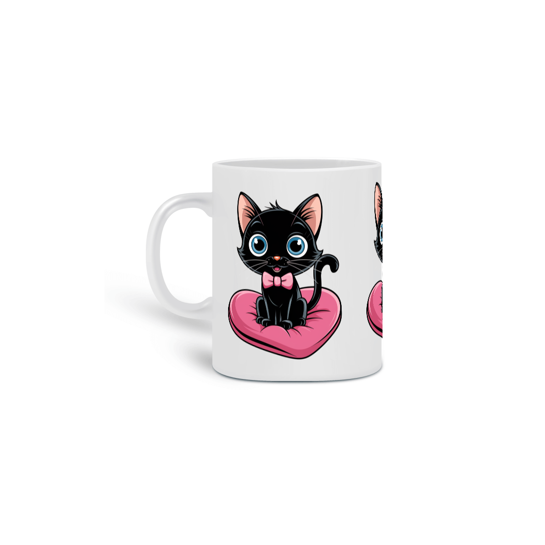 Nome do produto: Caneca Cerâmica Branca Estampa Gato Preto Almofada Coração 