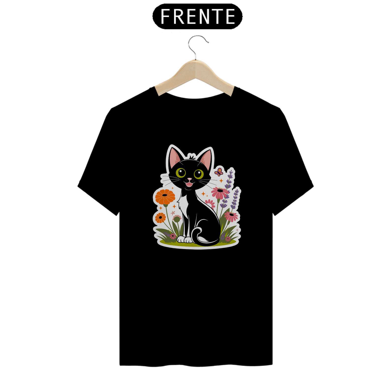 Nome do produto: T-Shirt Quality Estampa Gato Preto Florais