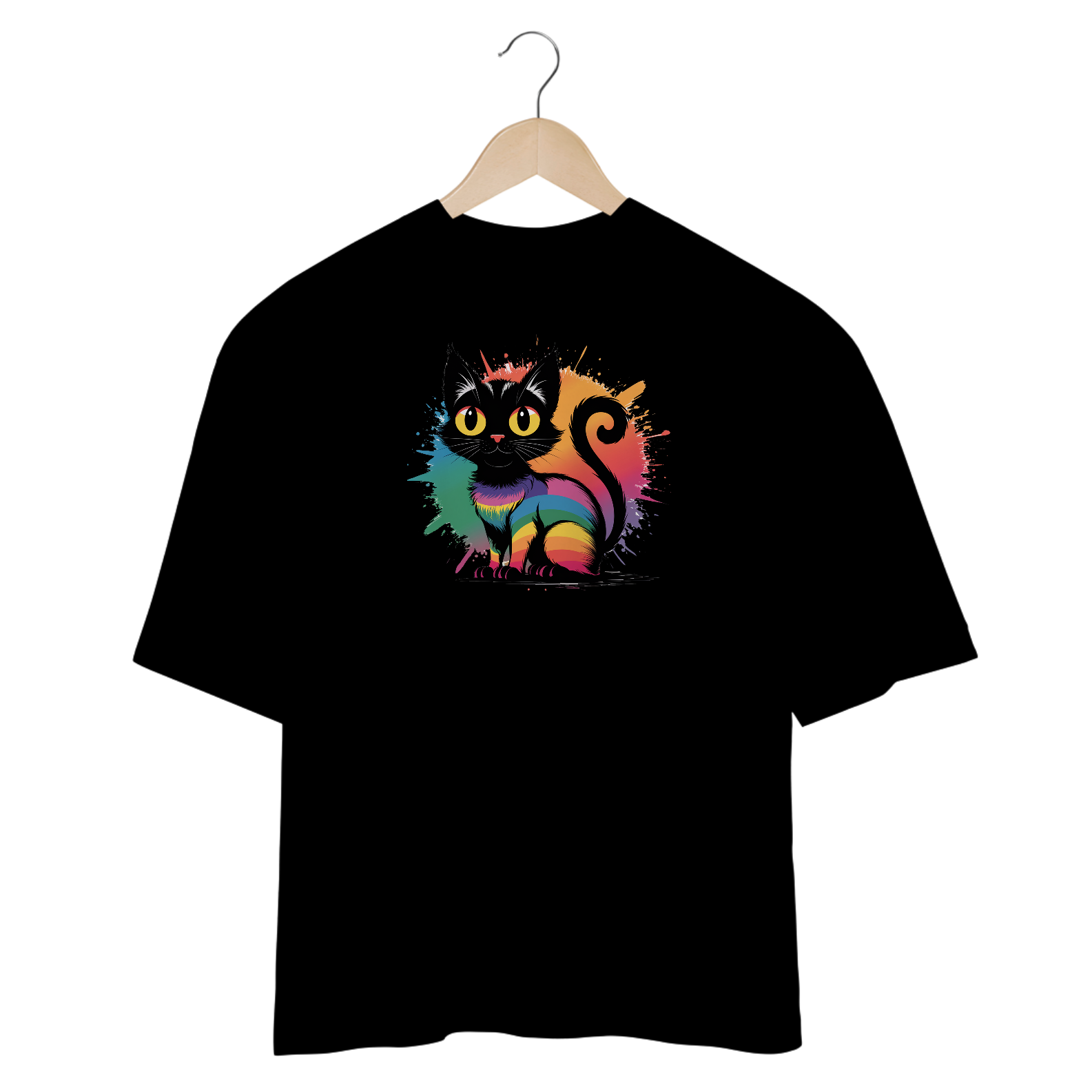 Nome do produto: Camiseta Oversized Estampa Gato Preto Arco-íris 