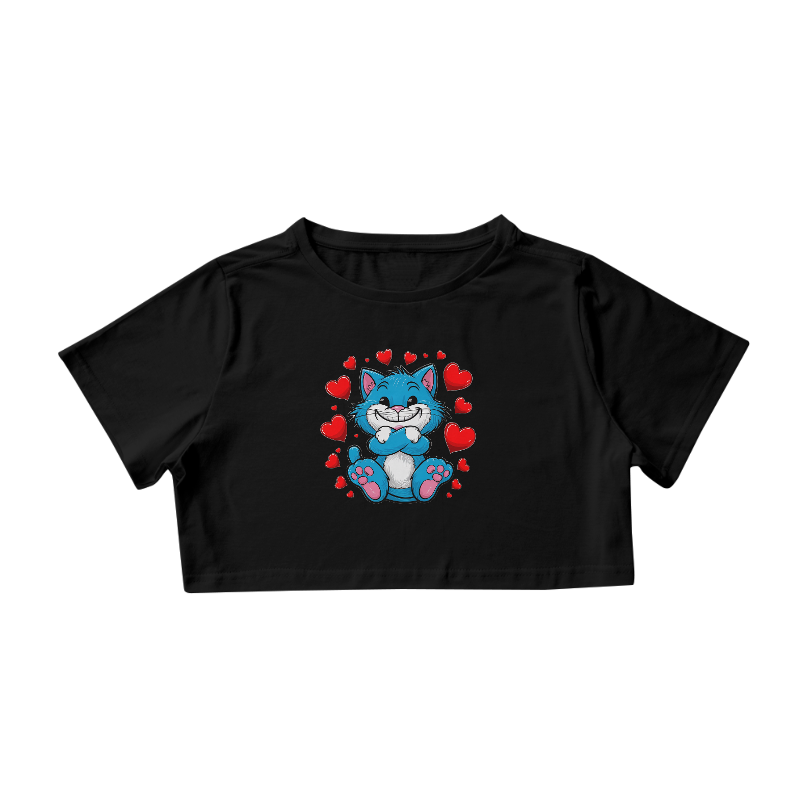 Nome do produto: Camisa Cropped Estampa adorável Gato Azul corações
