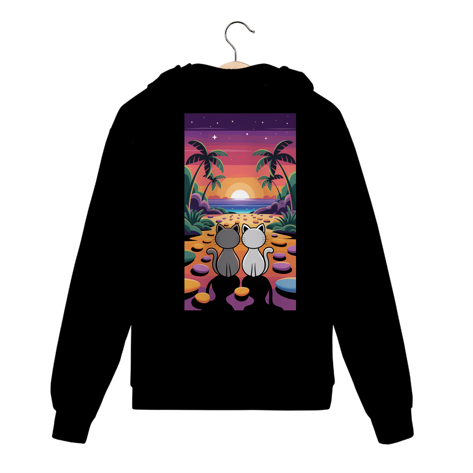 Nome do produto: Moletom com Ziper, Bolso e Capuz Estampa Dois Gatos Por- do -Sol