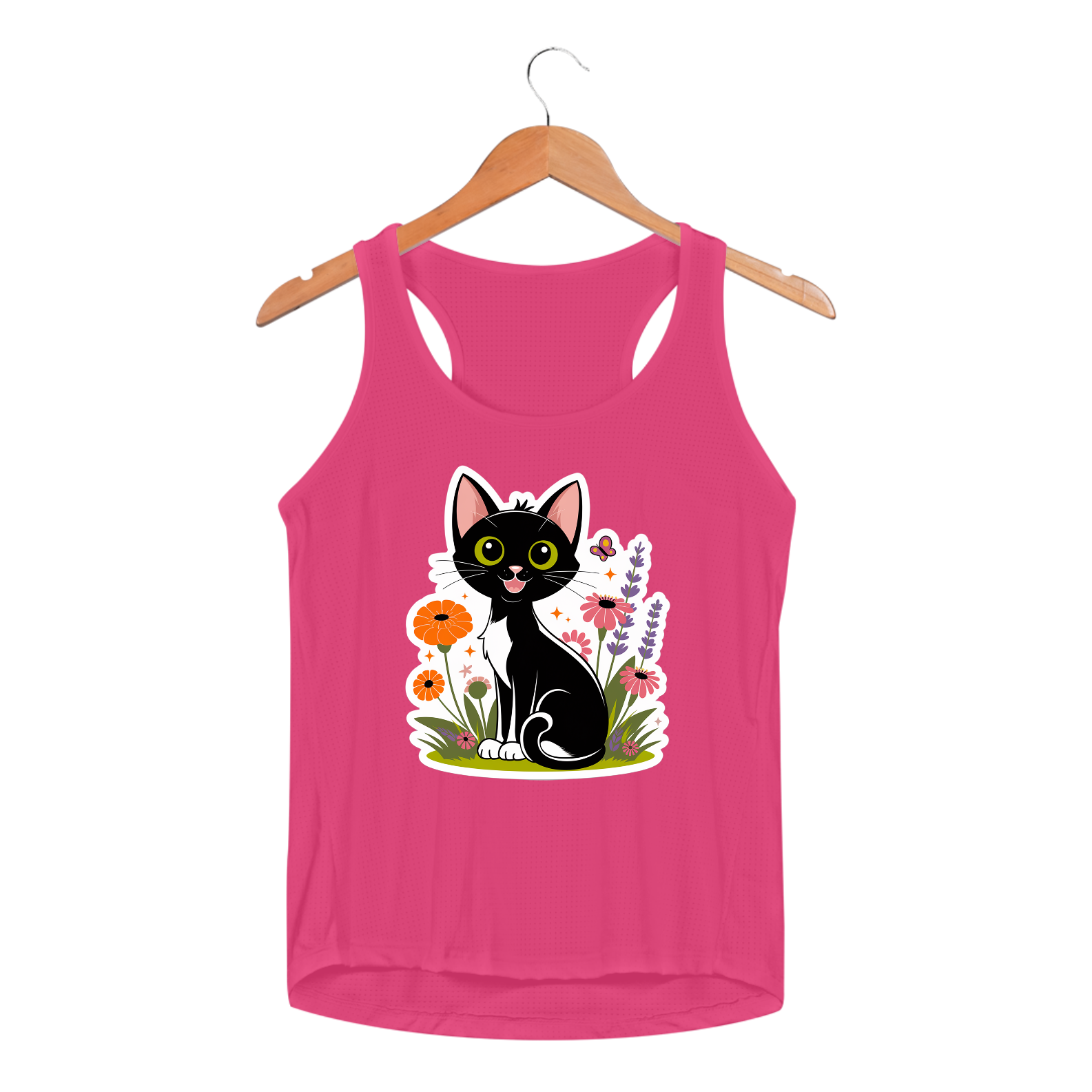 Nome do produto: Regata Feminina Sport Dry UV Estampa Gato Preto e Florais