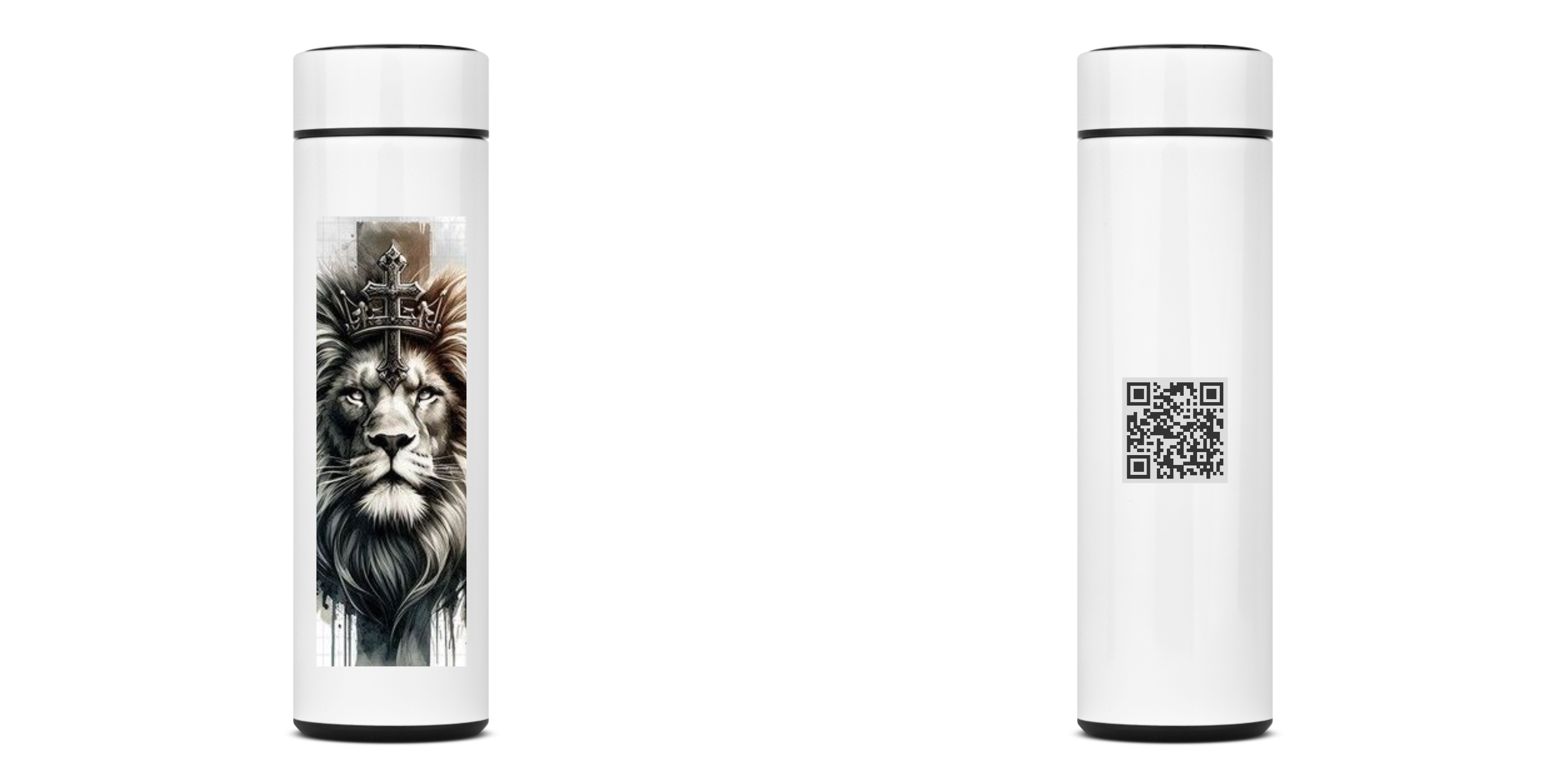 Nome do produto: Garrafa térmica com leão na frente e QR code atrás 