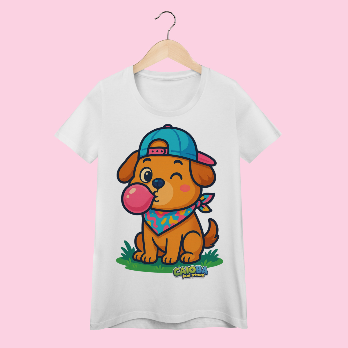 Camiseta Baby Long Feminina Cachorro com Bandana – 100% Algodão | Coleção Reino Animal do Caioba