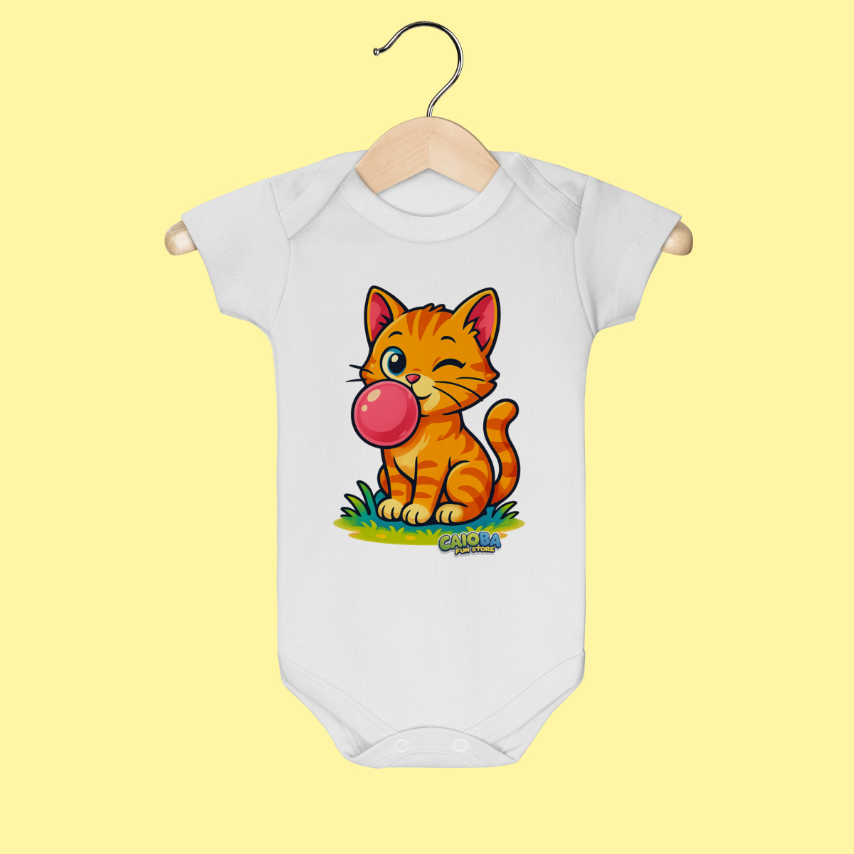 Body Infantil Gato Amarelo – 100% Algodão | Coleção Reino Animal do Caioba