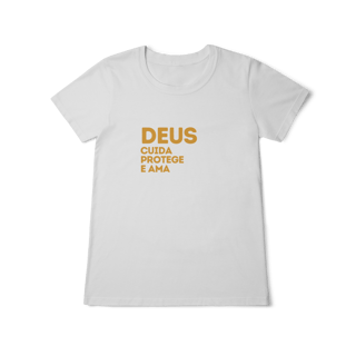 Camiseta Feminina Baby Long Classic - Deus cuida, protege e ama