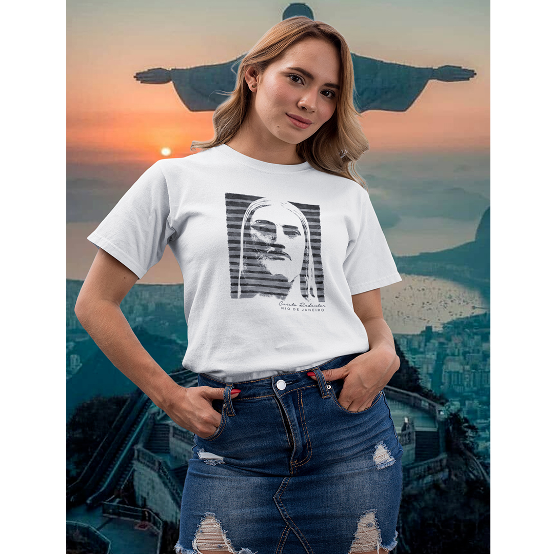 Camiseta Feminina Cristo Redentor listras pretas