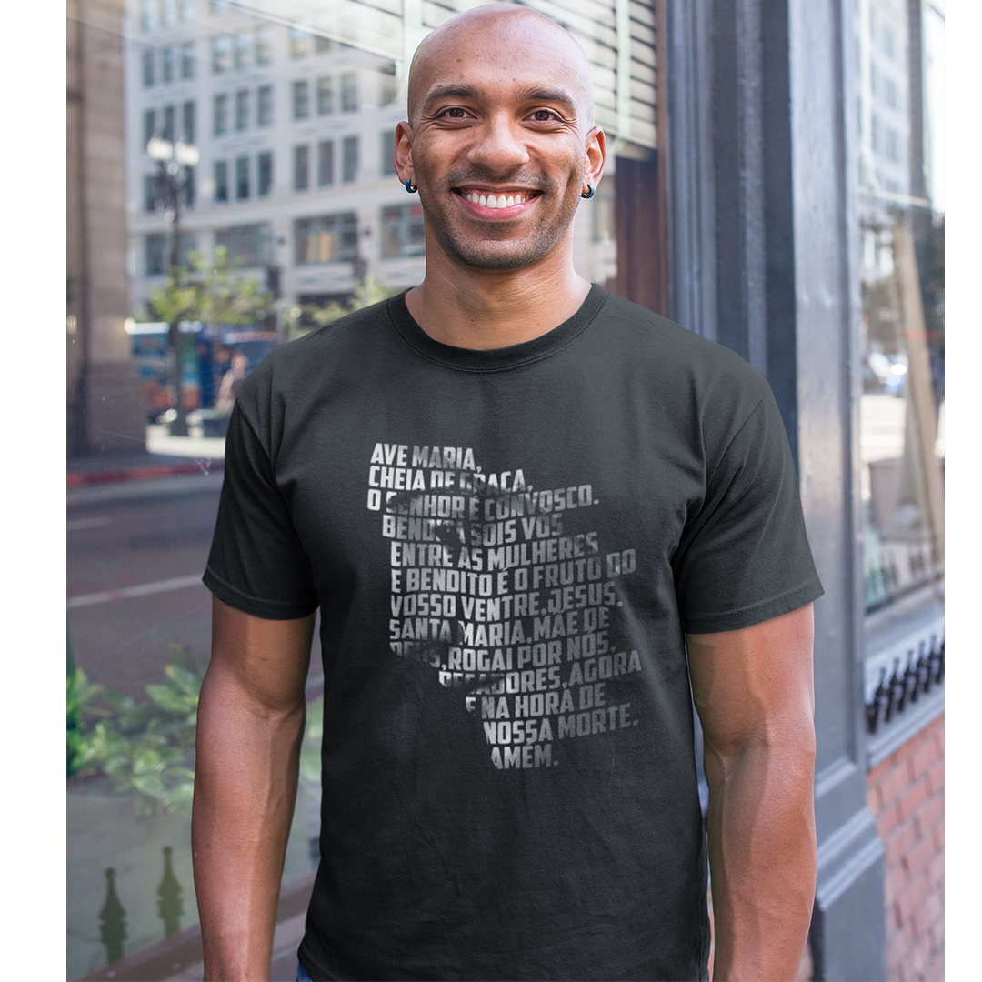 Nome do produto: Camiseta Masculina Nossa Senhora de Fátima com Ave Maria